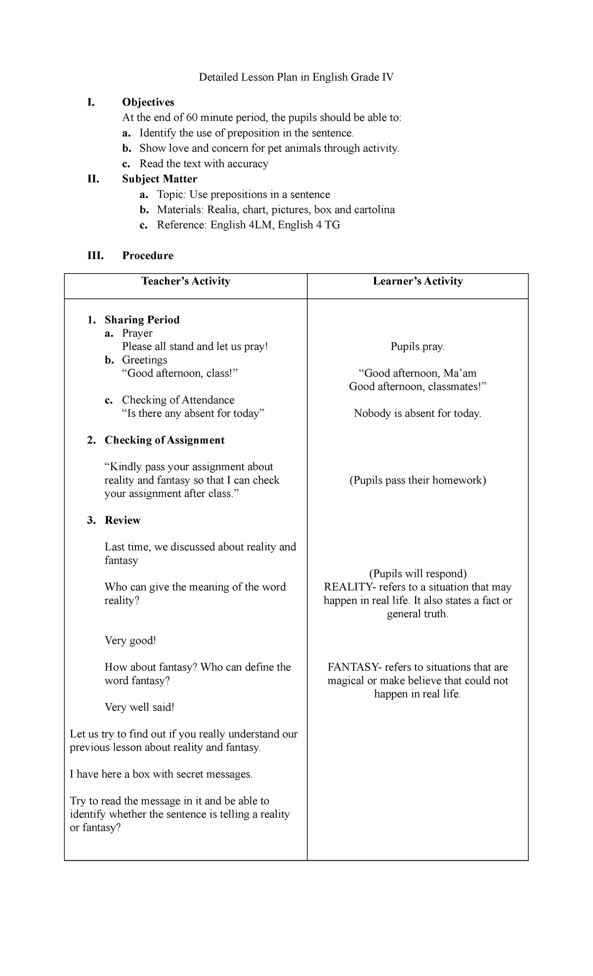 Grade 4 LP English Subject Teaching Guides Detailed Lesson Plan In 