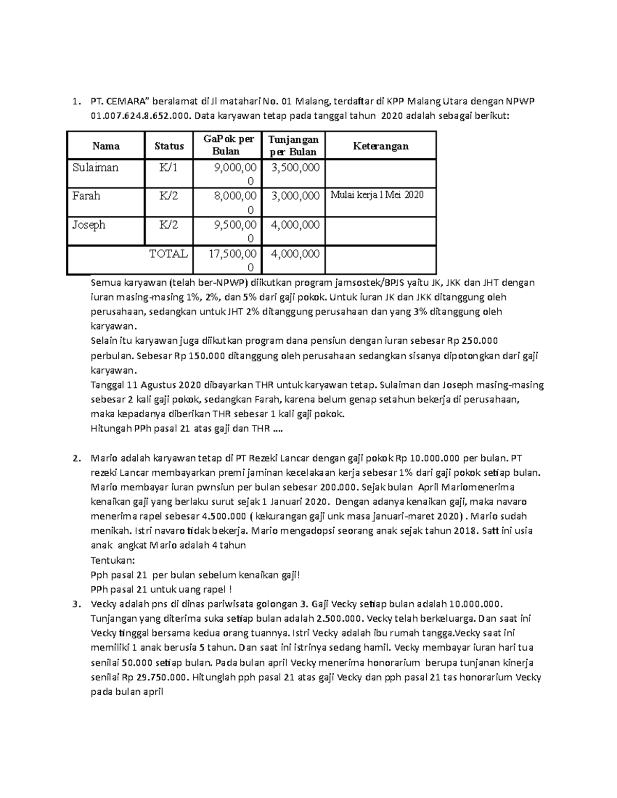 Pajak Penghasilan Soal Ujian Akhir Semester Pemeriksaan Pajak2021 - PT ...