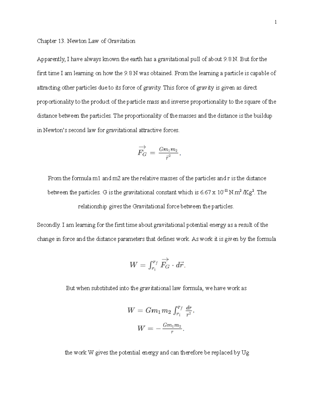 Chapter 13 - Phyc 122 course work study - 1 Chapter 13. Newton Law of ...