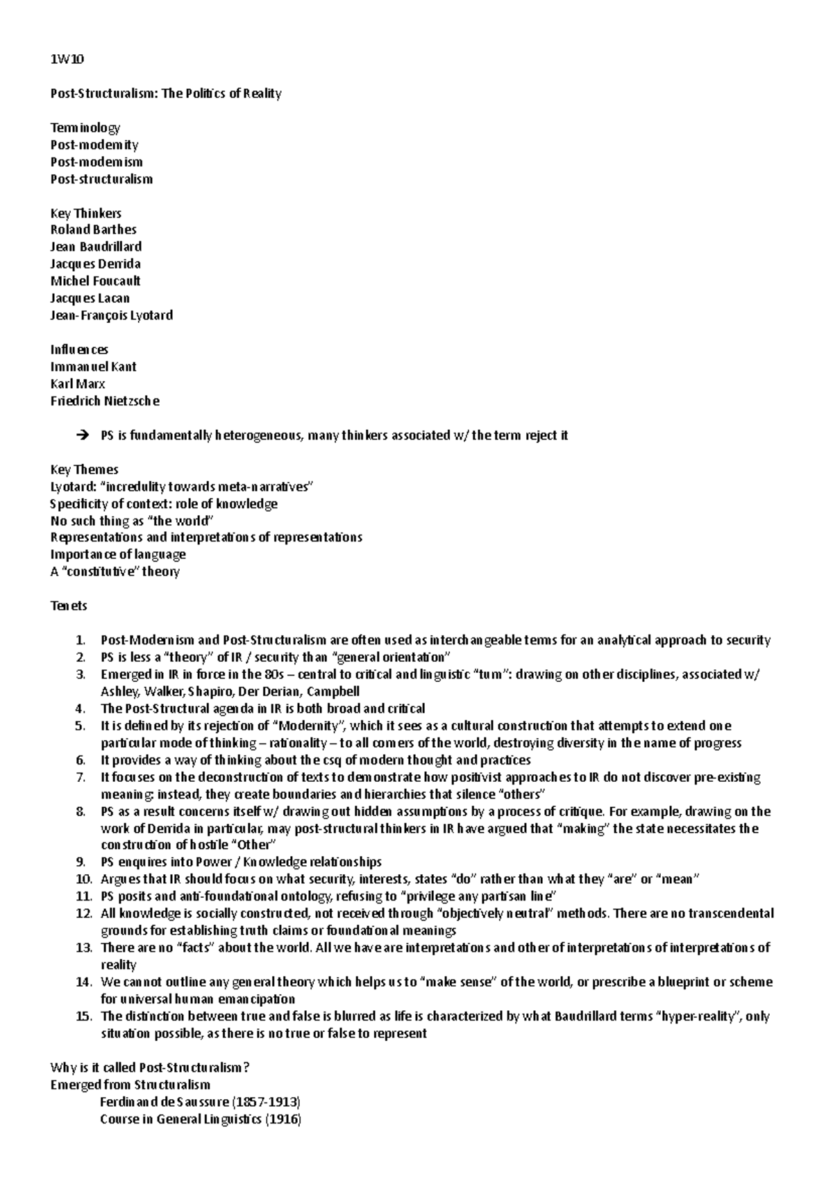 8. Poststructuralism Very detailed summary. Notes taken from various sources. 1W10 The