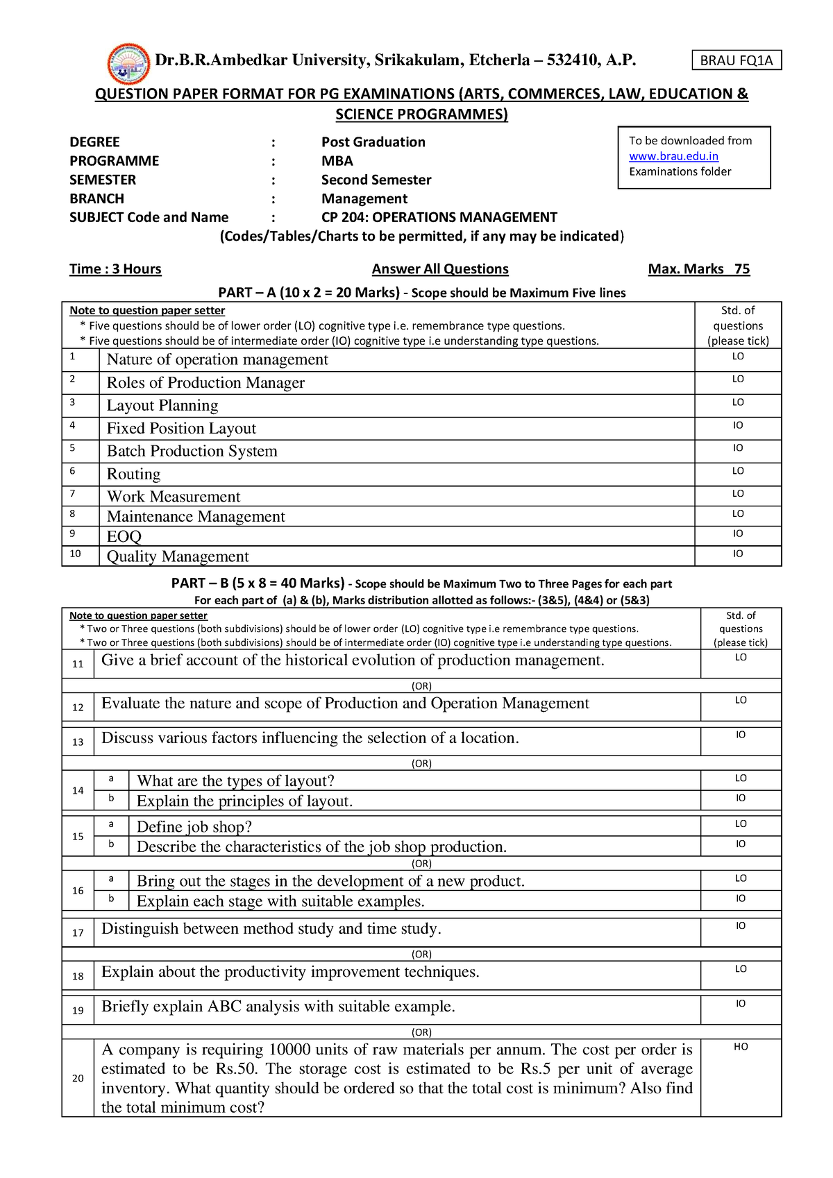 Model paper on Operations Management - Dr.B.R University, Srikakulam ...