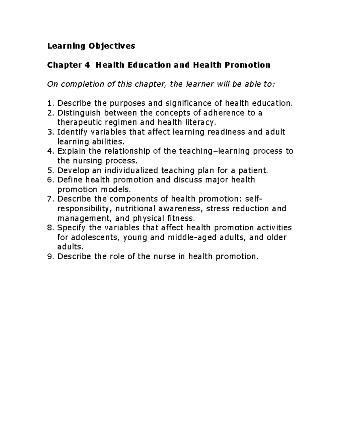 LO Chapter 04Learning objectives - Learning Objectives Chapter 4 Health ...