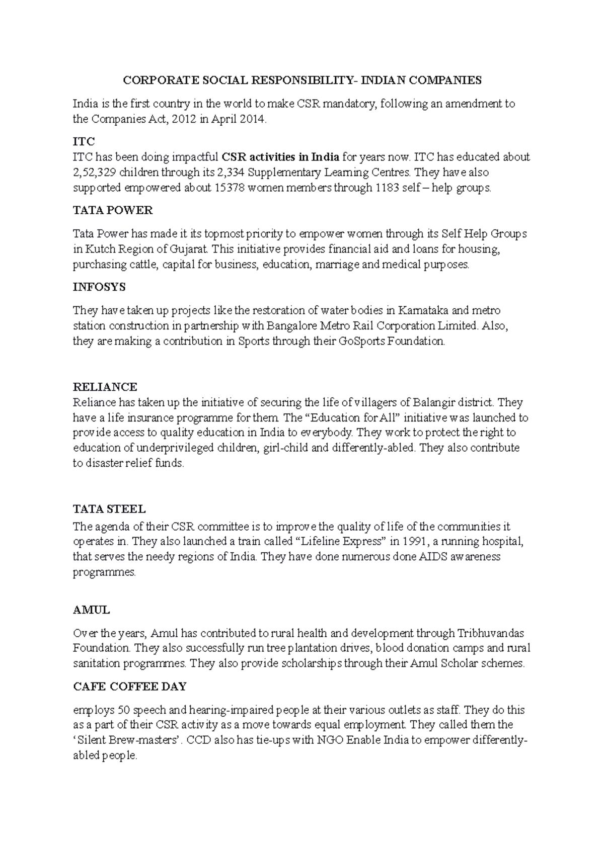 CSR - CSR Activities with respect to Indian companies - CORPORATE ...