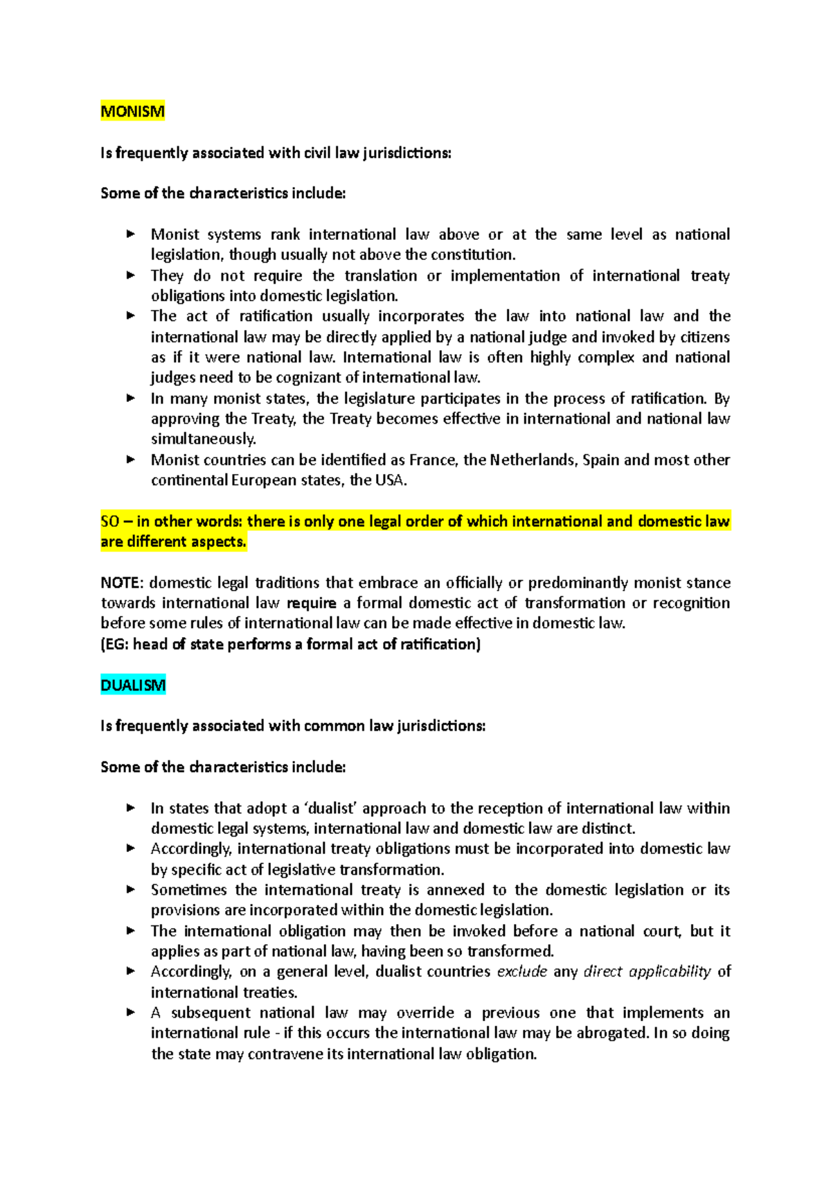 Monism v Dualism notes - MONISM Is frequently associated with civil law ...