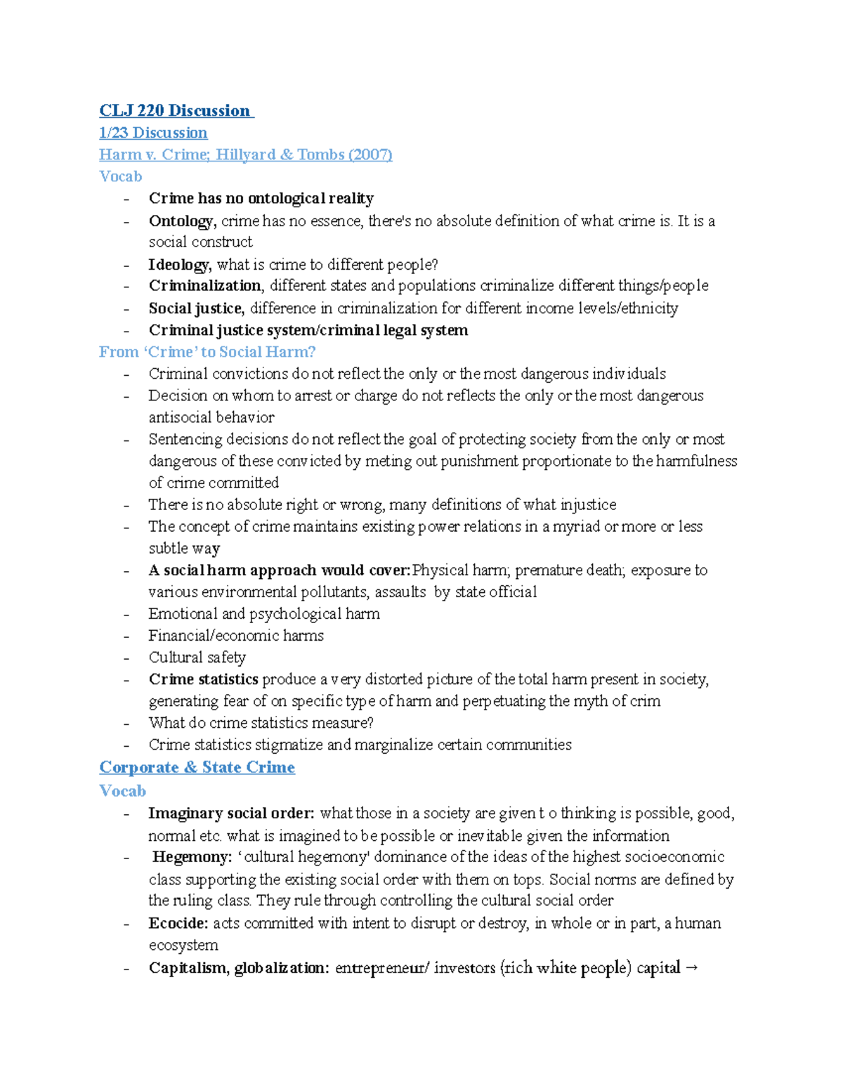 CLJ 220 DIS - Notes - CLJ 220 Discussion 1/23 Discussion Harm V. Crime ...