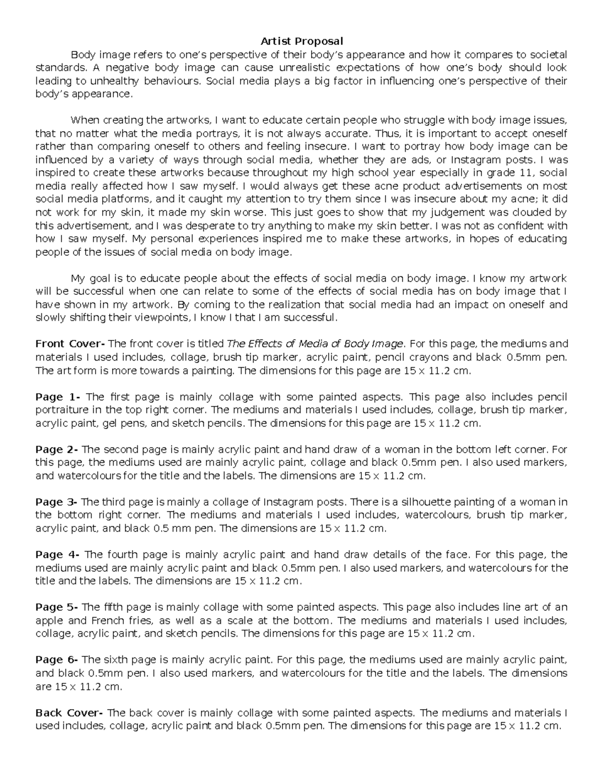 Artist Proposal - Artist Proposal Body image refers to one’s ...