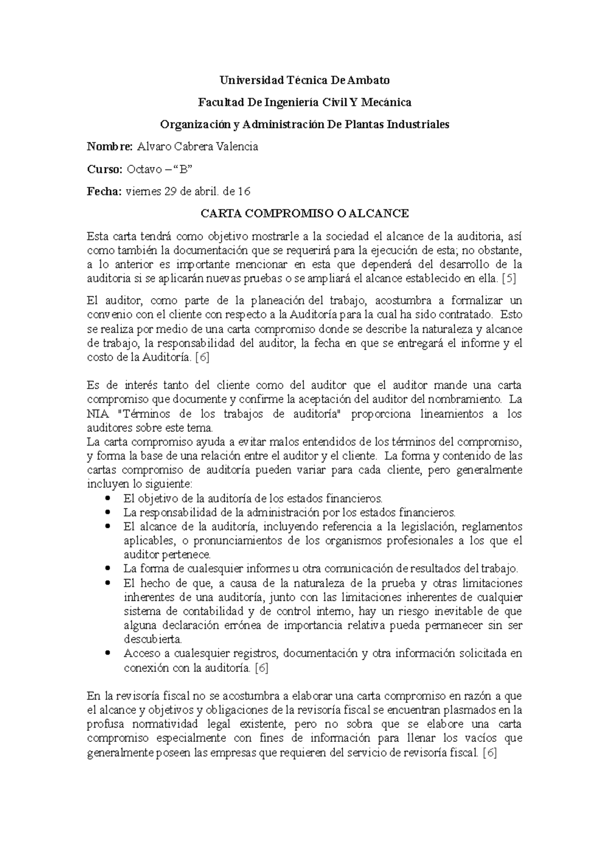 Carta de compromiso y WBSCarta de compromiso - Universidad Técnica De  Ambato Facultad De Ingeniería - Studocu