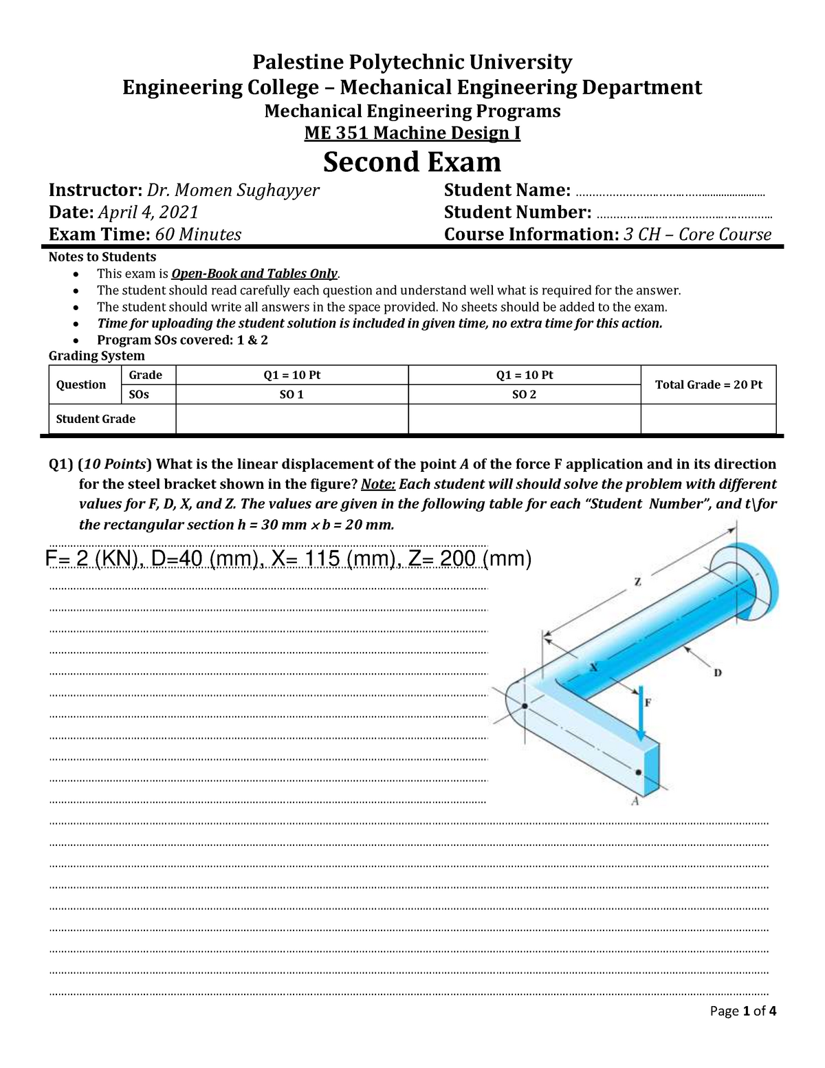 Second Exam Of Mechanical Engineering Design - Grade: B - Palestine ...