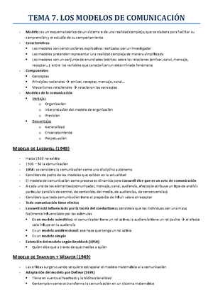 TEMA 7 - Apuntes 7 - TEMA 7. LOS MODELOS DE COMUNICACIÓN Modelo: es un  esquema teórico de un sistema - Studocu