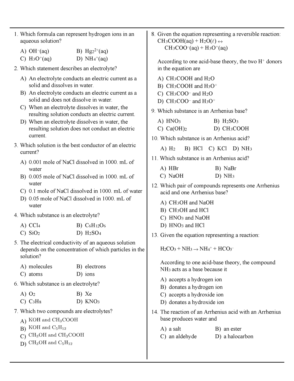 Acid Base Test chemistry sample questions - A) OH 3 (aq) B) Hg 2 2+(aq ...