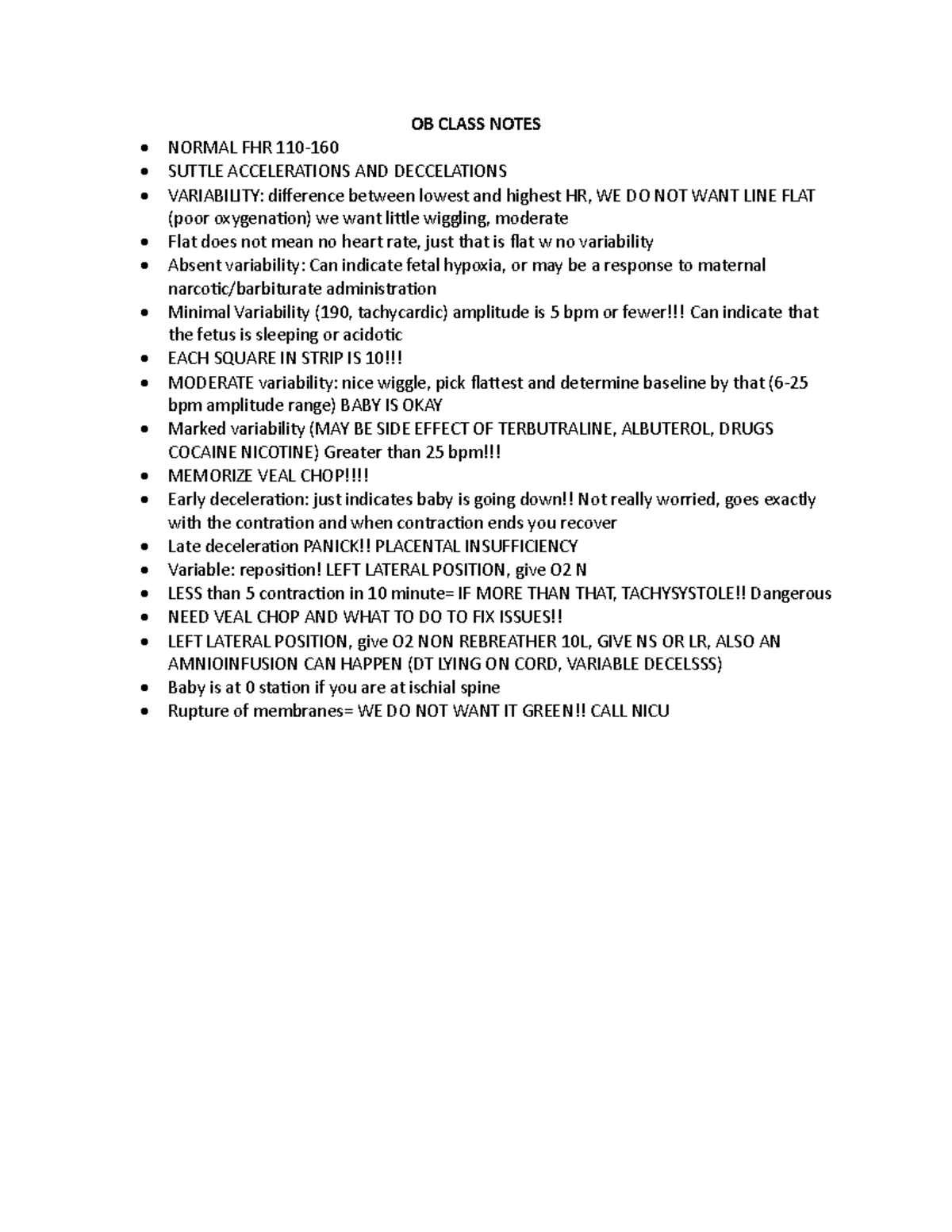 OB Class Notes - OB CLASS NOTES • NORMAL FHR 110- 160 • SUTTLE ...