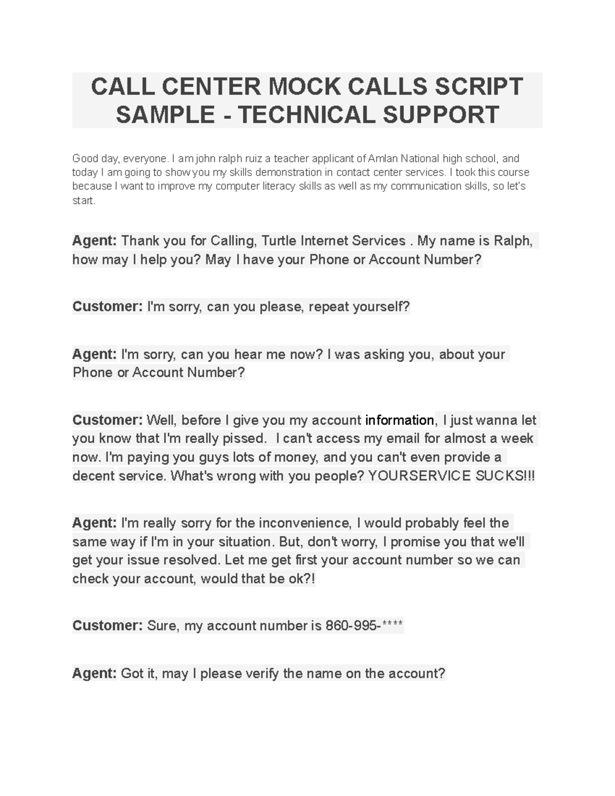 Pdf call center mock calls script sample technical support - CALL ...