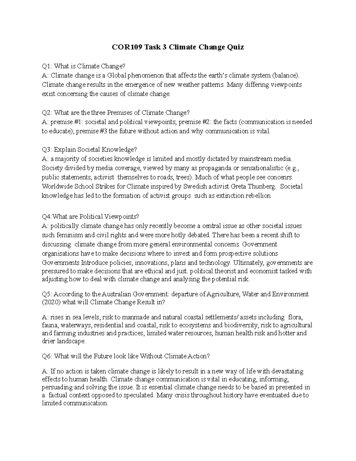 COR109 Task 3 Climate Change Quiz - Climate change results in the ...