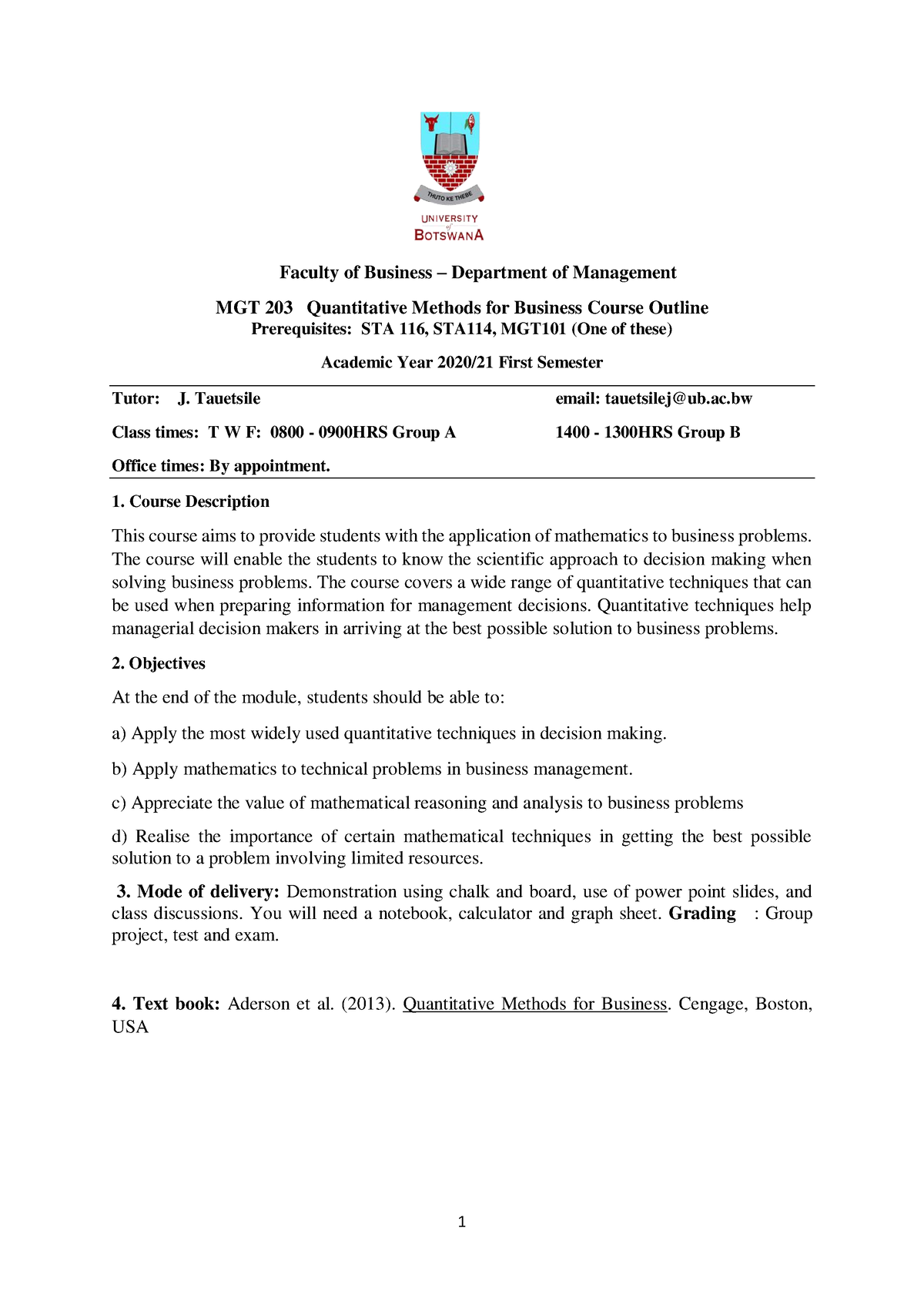 MGT 203-Course Outline-2023 - 1 Faculty of Business – Department of ...