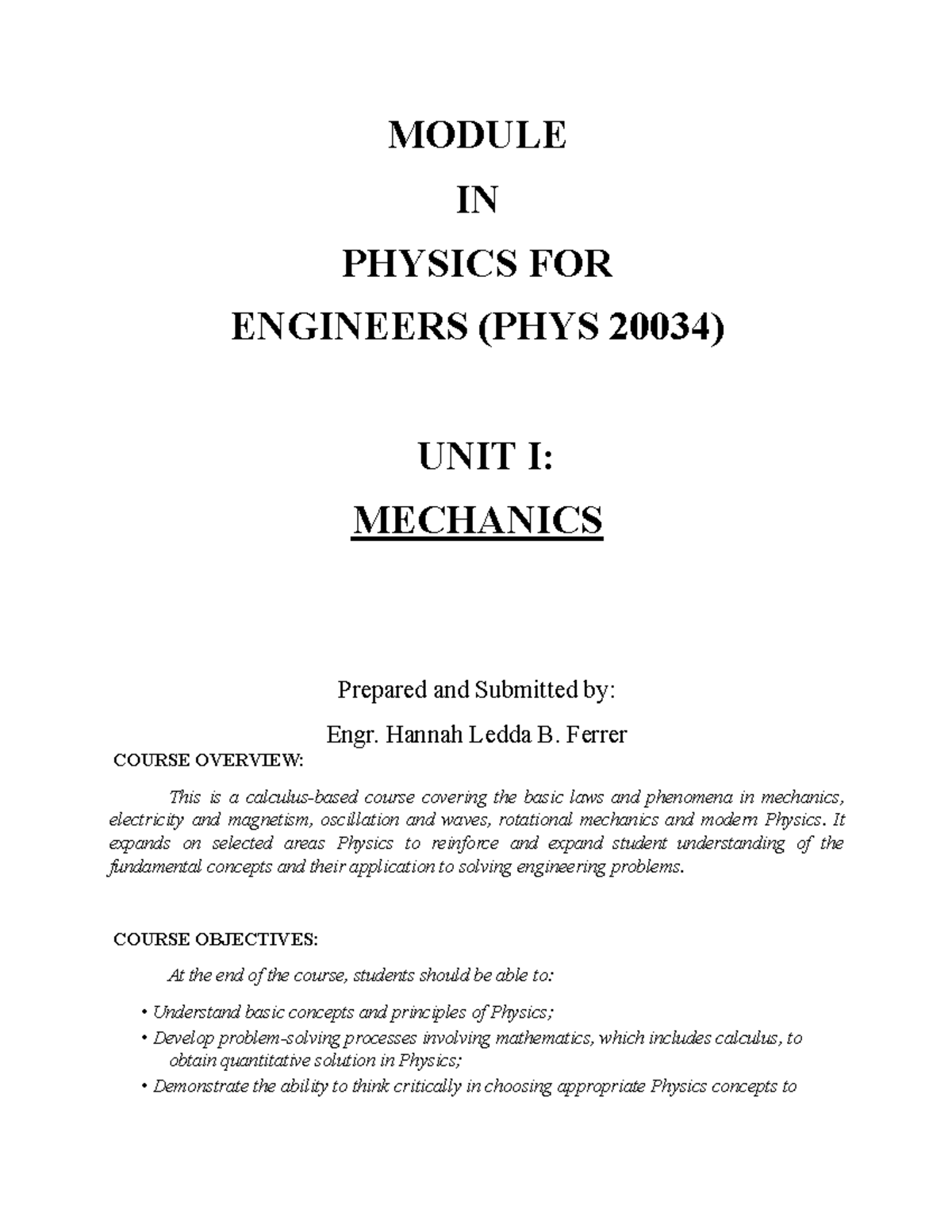 Module Lesson 1 - MODULE IN PHYSICS FOR ENGINEERS (PHYS 20034) UNIT I ...