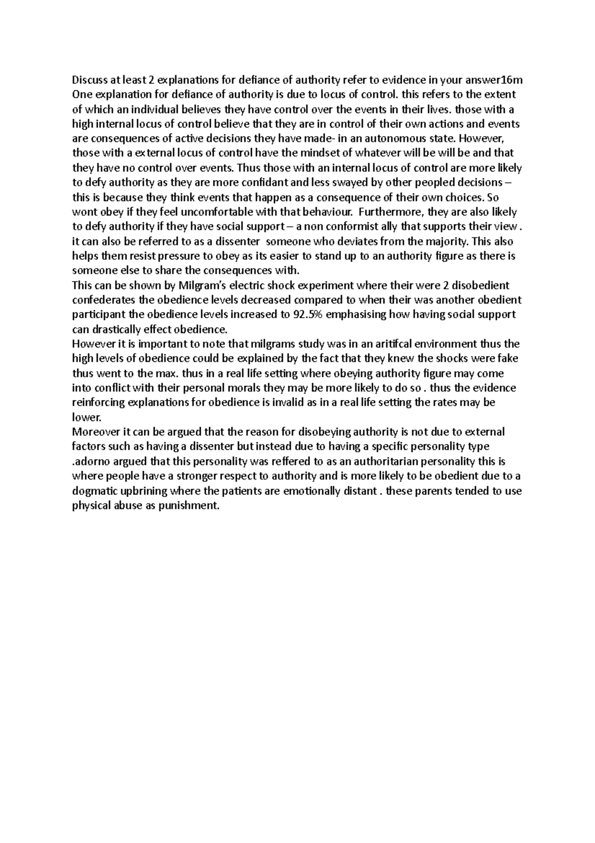 Discuss at least 2 explanations for defiance of authority refer to