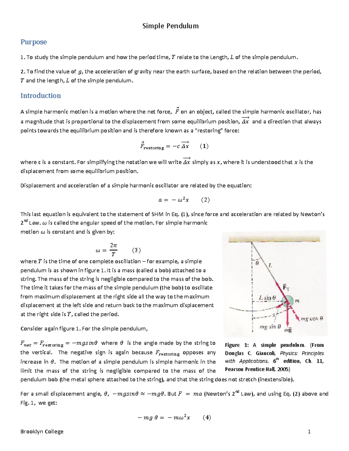 Lab 7 Phys1005exp7Simplependulum 082320 Brooklyn College 1