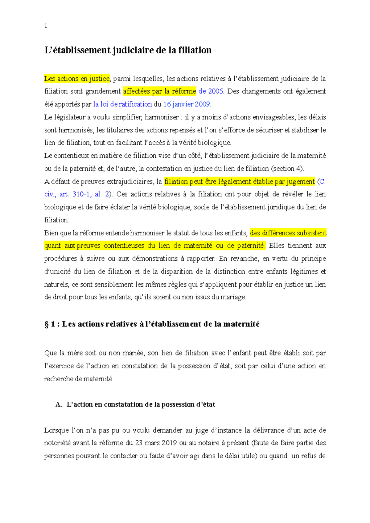 Extrait Cours Droit Des Personnes L Etablissement Judiciaire De La Filiation Les Actions En Studocu