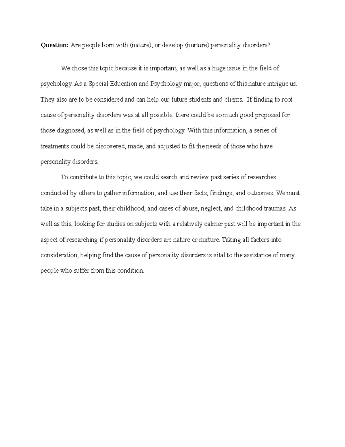 Personality disorder - This is my beginning abstract for Professor ...