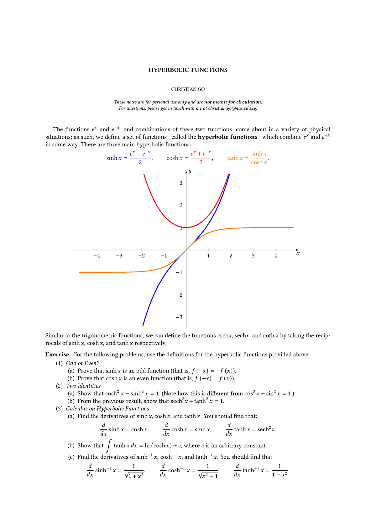 L1 - Hyperbolic Functions Worksheet - HYPERBOLIC FUNCTIONS CHRISTIAN GO ...