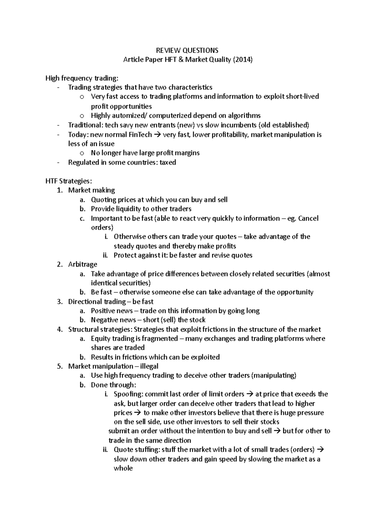 Lecture 4 - Review Questions- HFT - REVIEW QUESTIONS Article Paper HFT ...