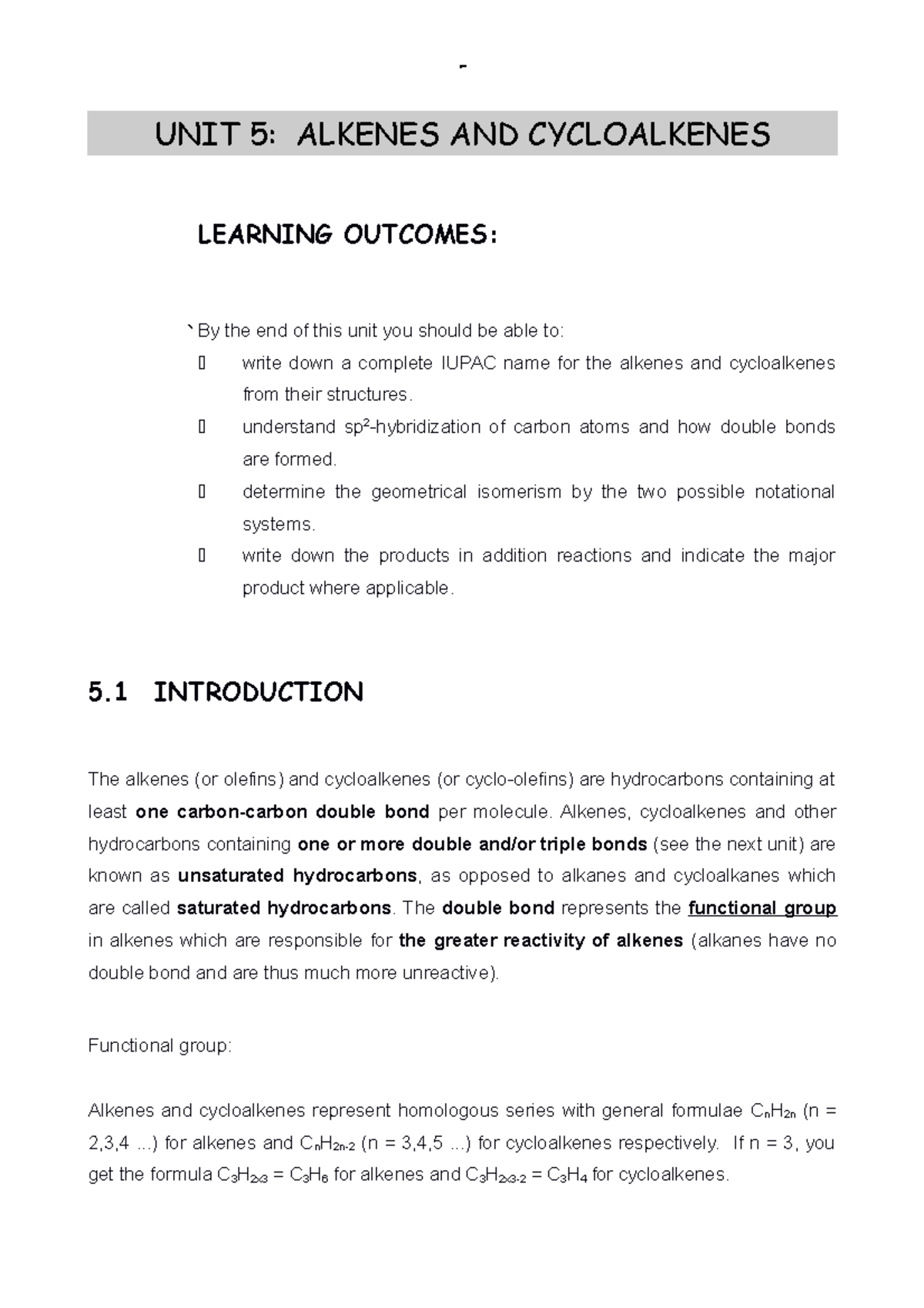 CHEM1643Org-unit5 - lecture notes - UNIT 5: ALKENES AND CYCLOALKENES ...