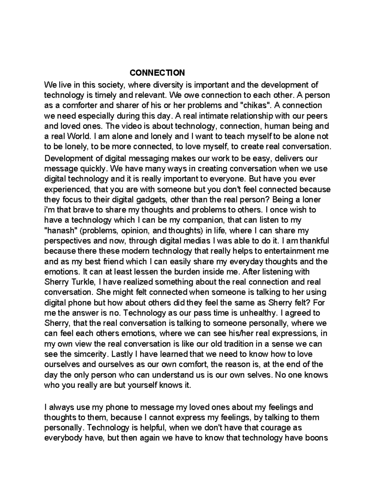 PURC - Essay - CONNECTION We live in this society, where diversity is ...