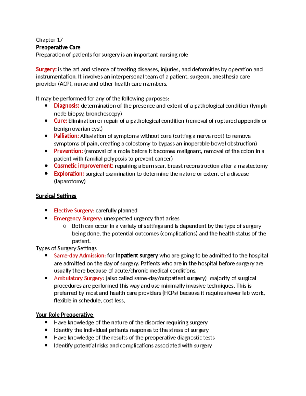 Chapter 17.docx - Third Year Nursing - Chapter 17 Preoperative Care ...