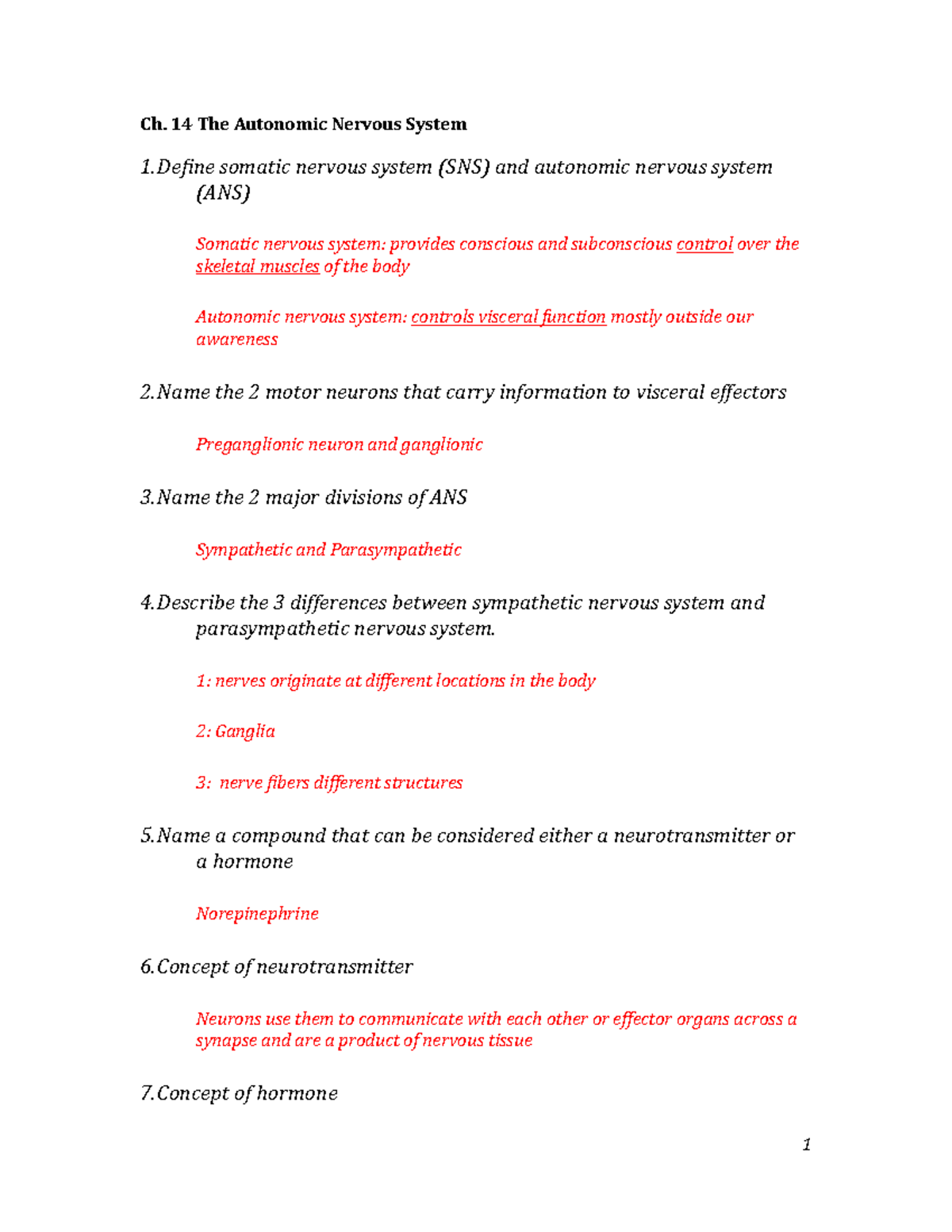 Anatomy 2 Exam 1 - Professor Li Li - Ch. 14 The Autonomic Nervous ...