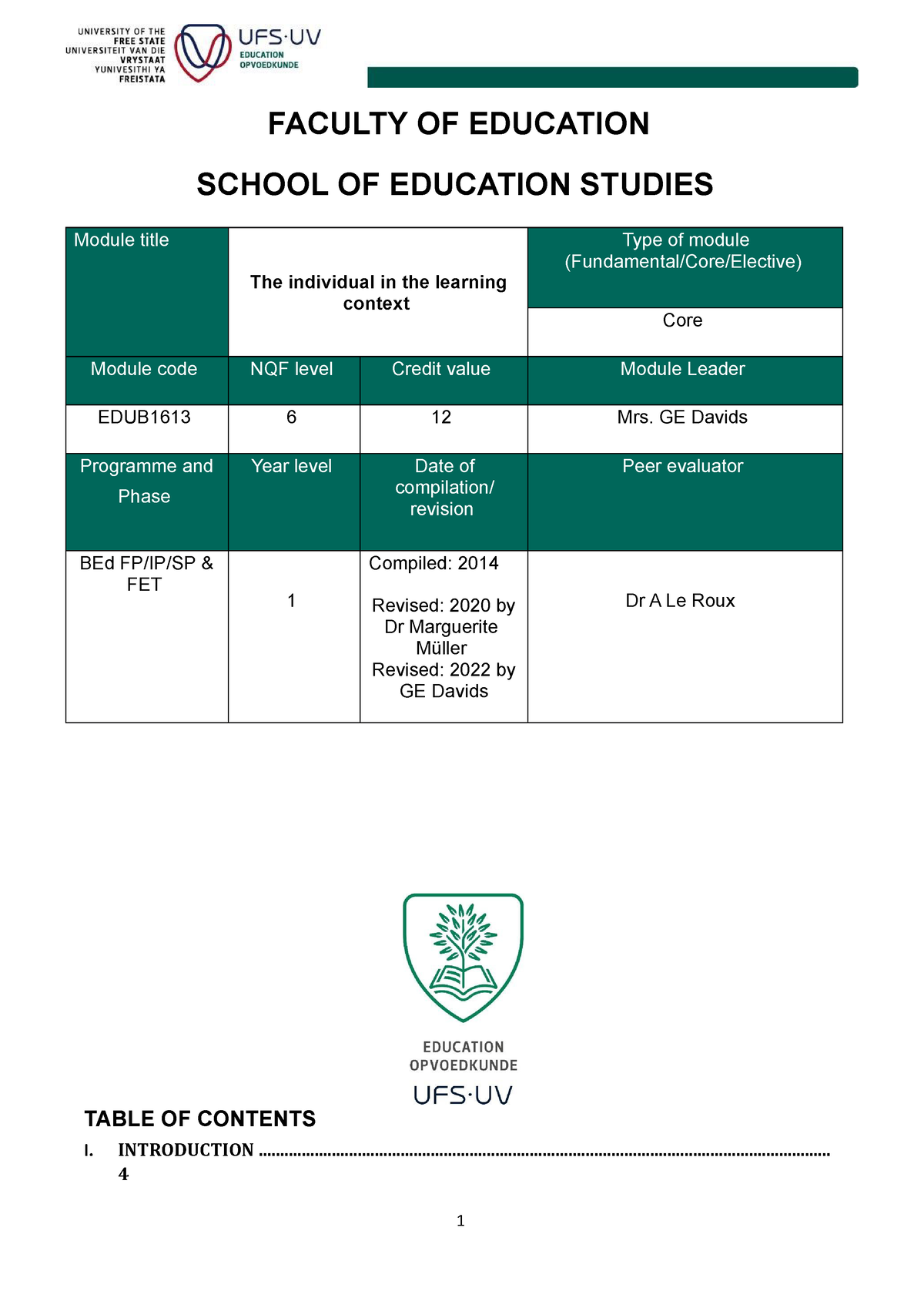 2022 EDUB 1613 Study Guide. Final GEDavids(1) - FACULTY OF EDUCATION ...