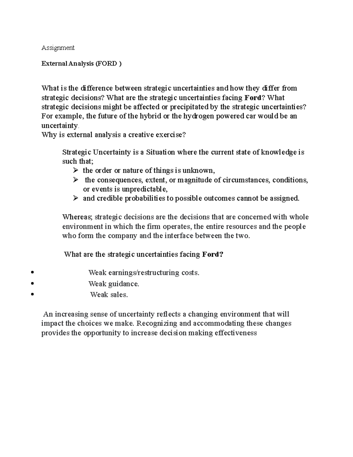 Assignment marketing strategy - Assignment External Analysis (FORD ...