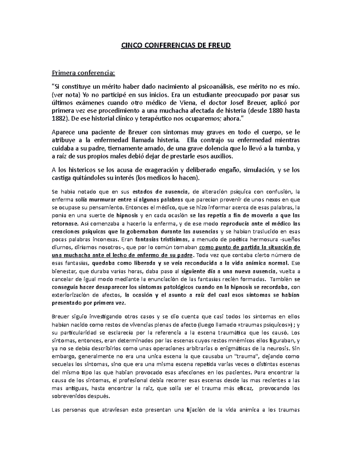 Conferencia 1Freud - CINCO CONFERENCIAS DE FREUD Primera Conferencia ...