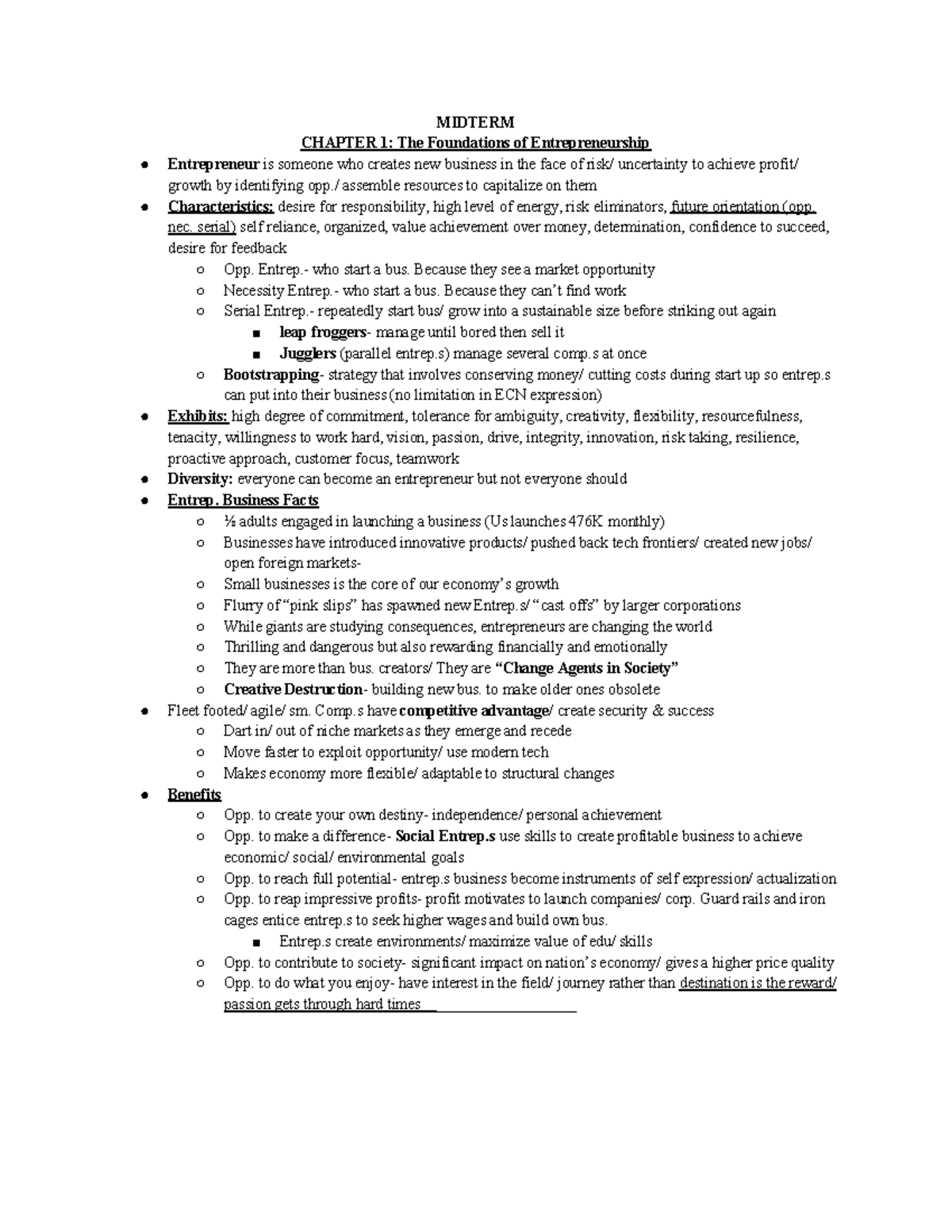 Small BUS Midterm Study Guide - MIDTERM CHAPTER 1: The Foundations of ...