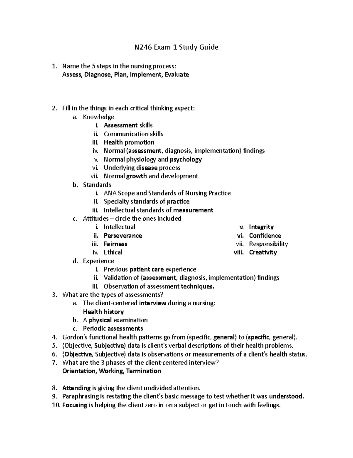 Foundations Exam 1 Study Guide Key N246 Exam 1 Study Guide Name the 5