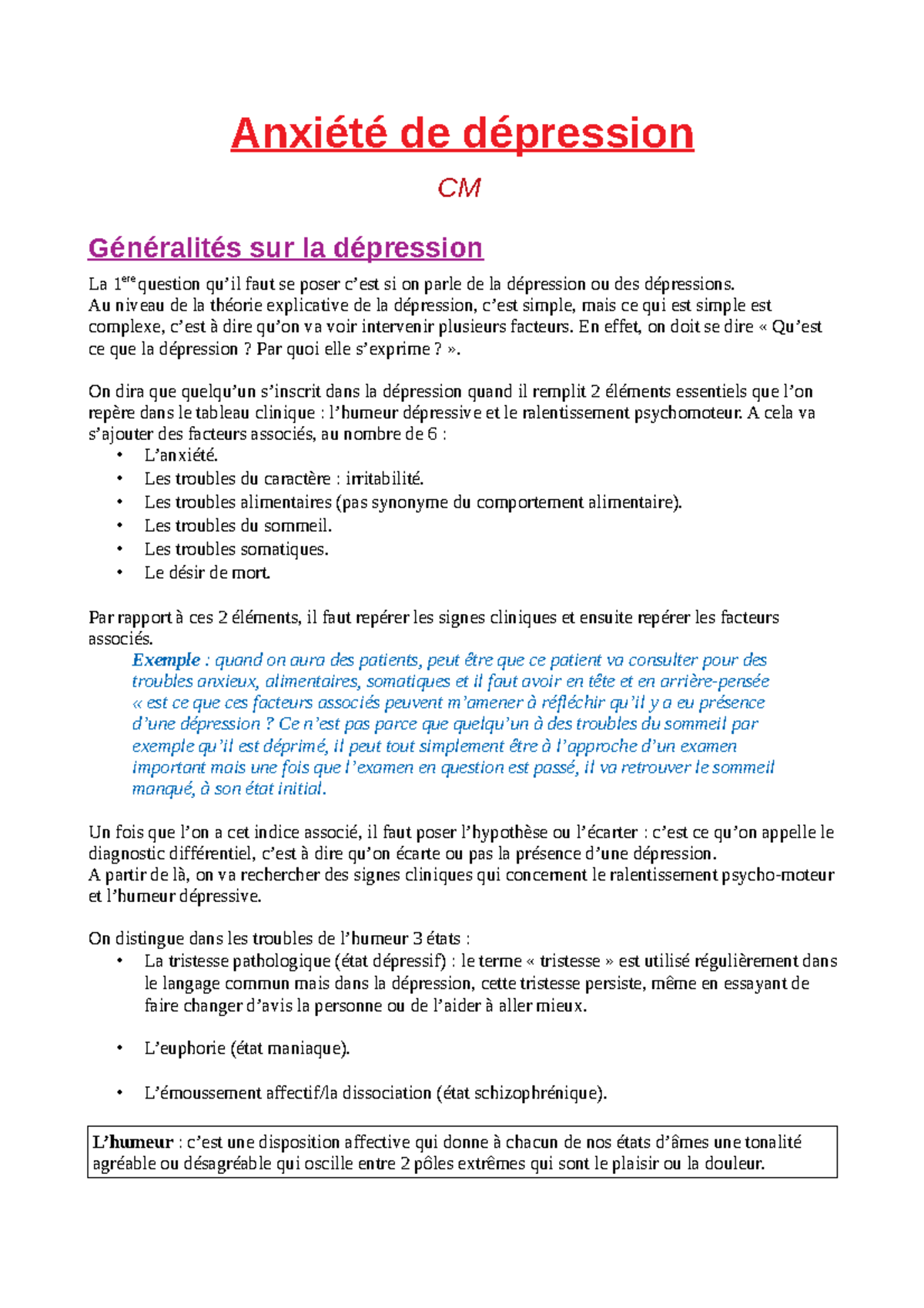 Cm Anxiete Et Depression Upjv Studocu