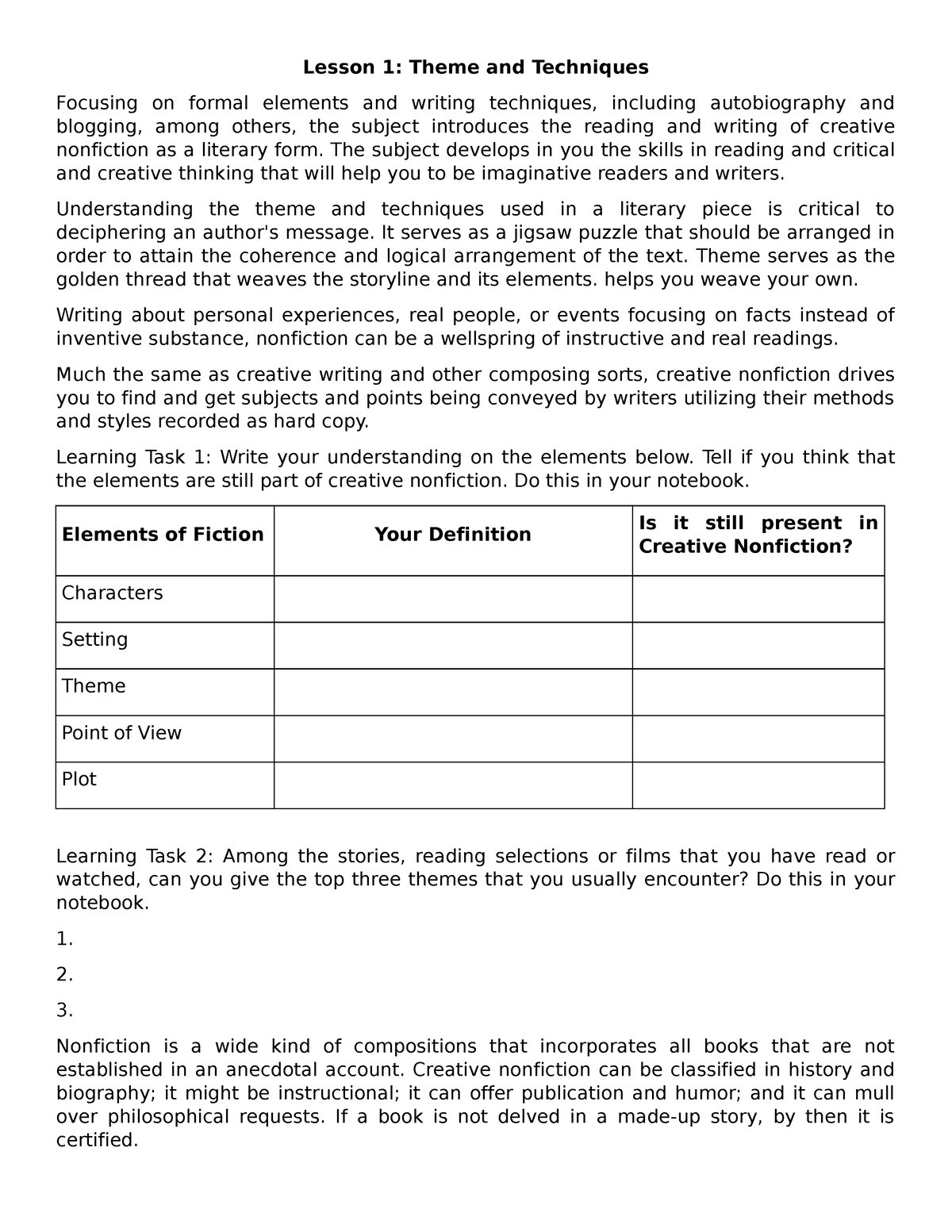 CREATIVE NONFICTION - Theme and Techniques (Lesson 1) 