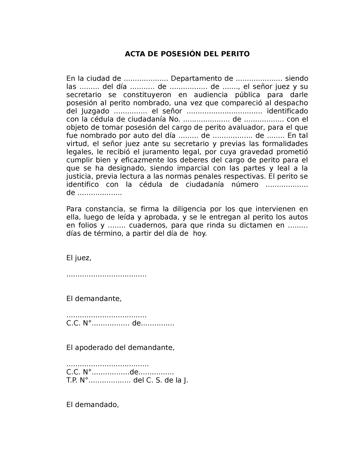 Acta De Posesión Del Perito Acta De PosesiÓn Del Perito En La Ciudad