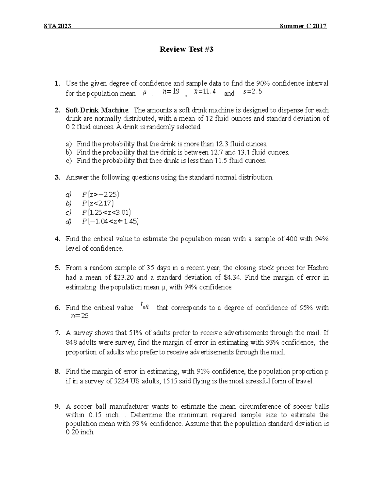 Review Test #3 STA 2023 Summer C 2017 - STA 2023 Summer C 2017 Review ...