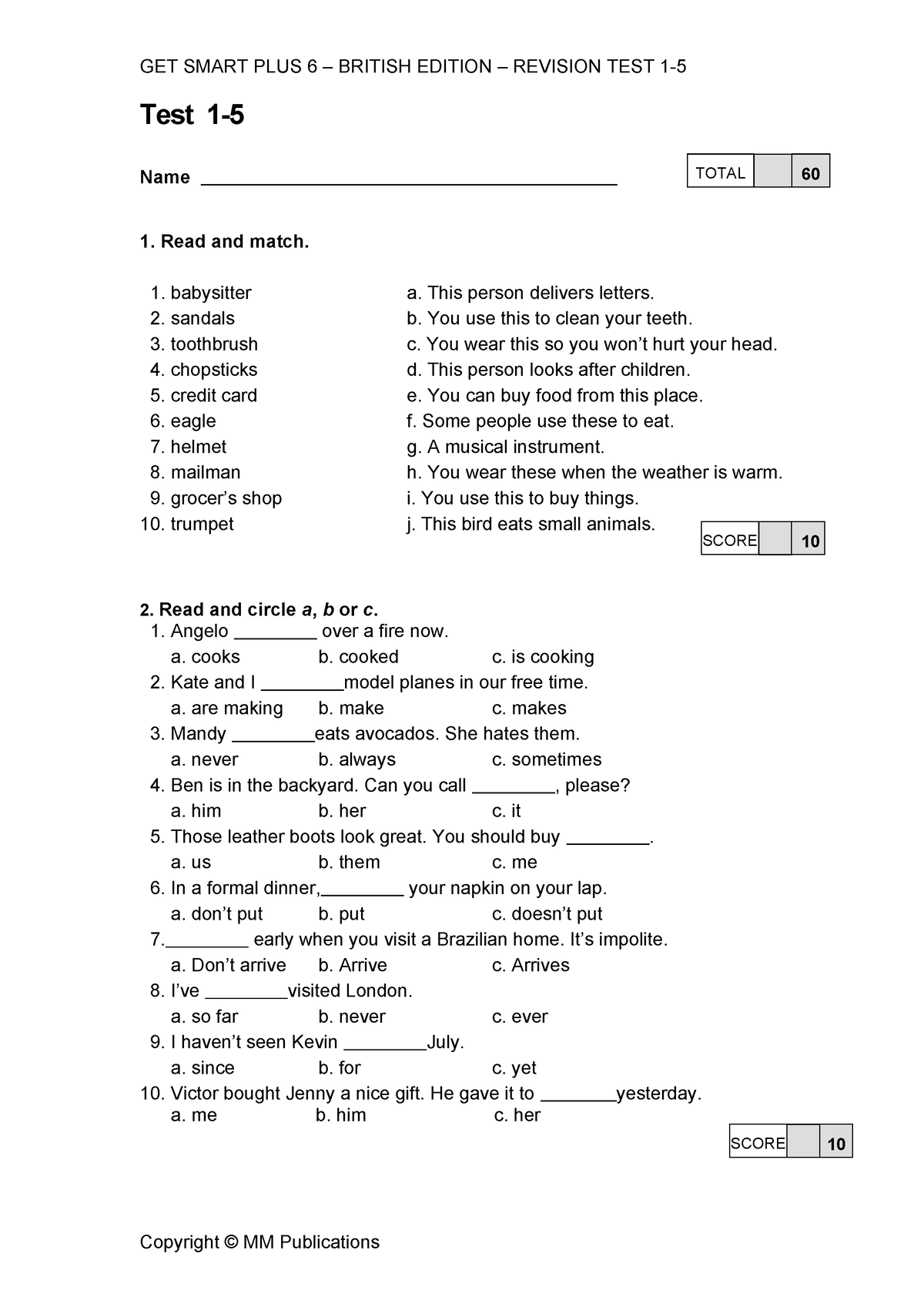 Get Smart Plus 6 British Revision Test 1-5 - Test 1- Name 1. Read and ...