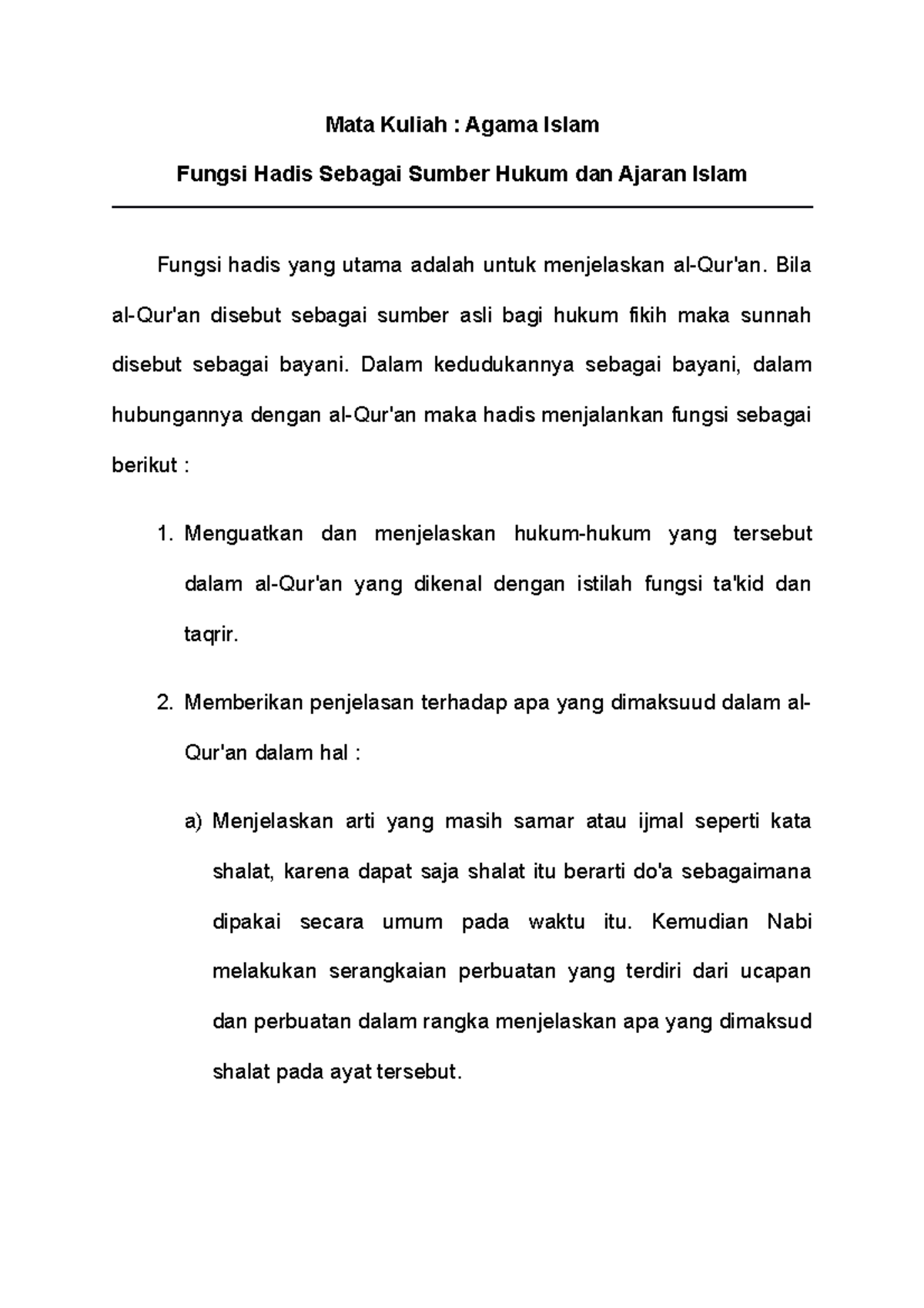 Fungsi Hadis Sebagai Sumber Hukum Dan Ajaran Islam - Mata Kuliah ...