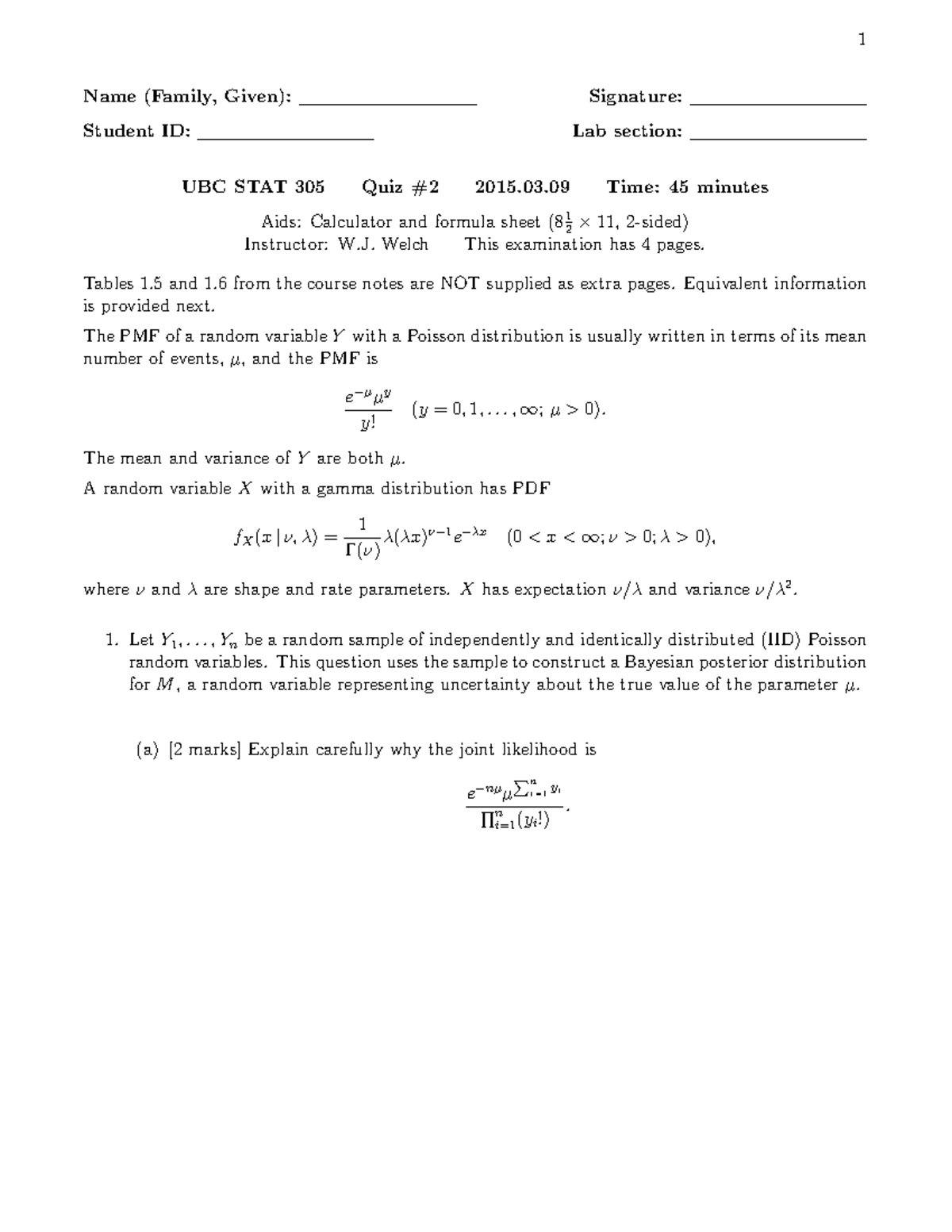 Stat305 quiz2 2016 - stat 305 quiz 2 - Name (Family, Given): Signature ...