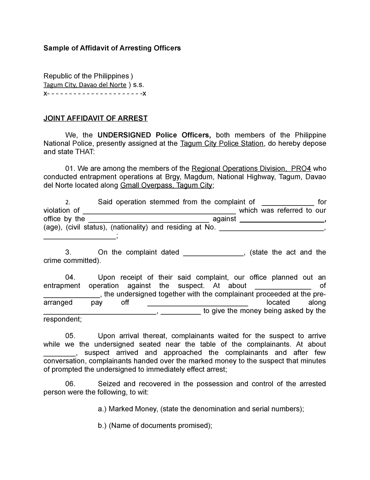 Sample of Affidavit of Arresting Officers - x-x JOINT AFFIDAVIT OF ...