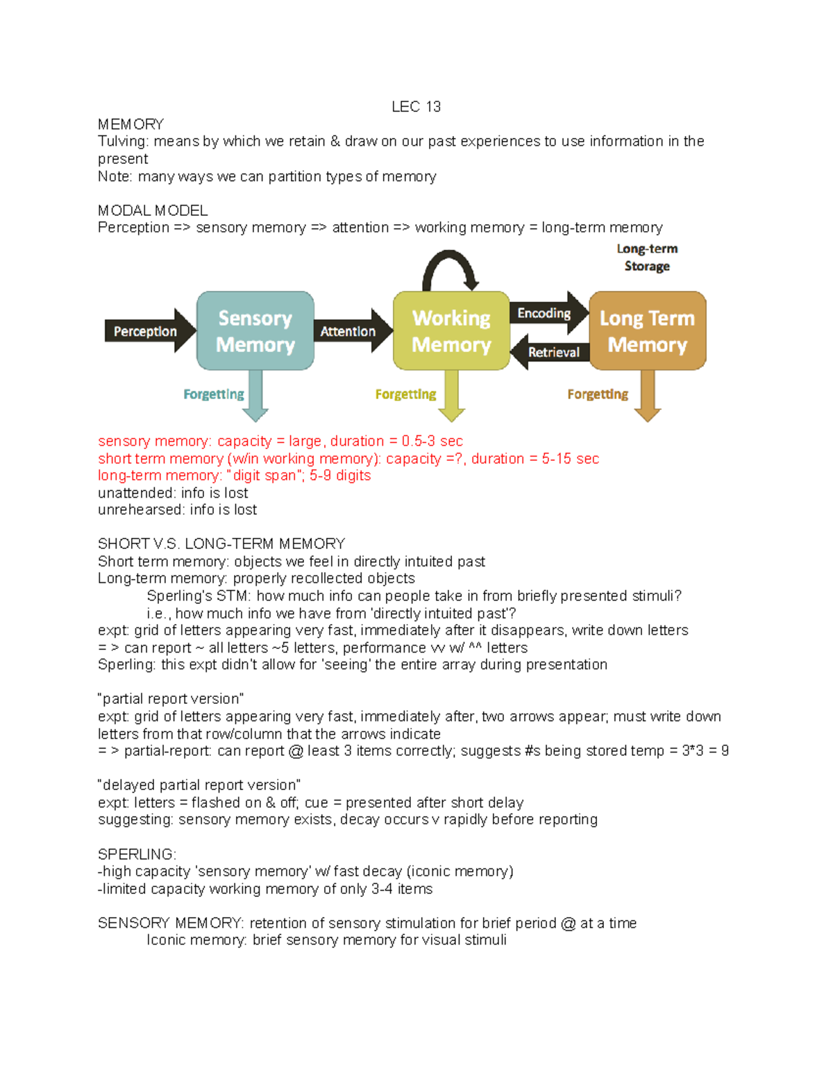 LEC 13-15 - Lecture notes 13, 14, 15 - LEC 13 MEMORY Tulving: means by ...