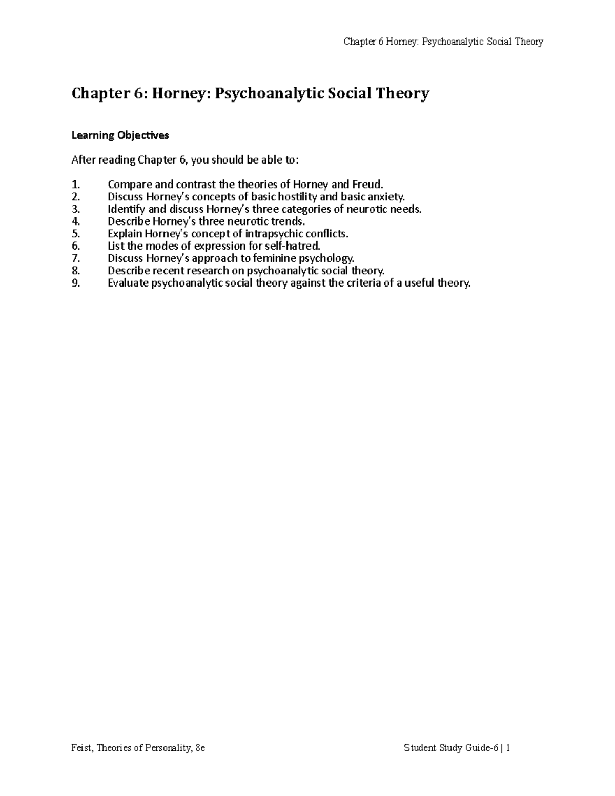 Feist 8e SG Ch06 - Vub 2BA - Chapter 6 Horney: Psychoanalytic Social ...