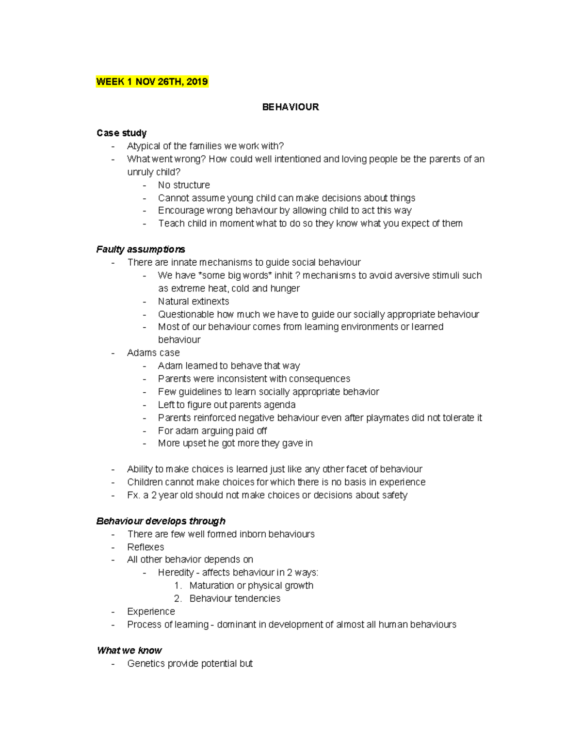 Notes 1 - WEEK 1 NOV 26TH, 2019 BEHAVIOUR Case study - Atypical of the ...