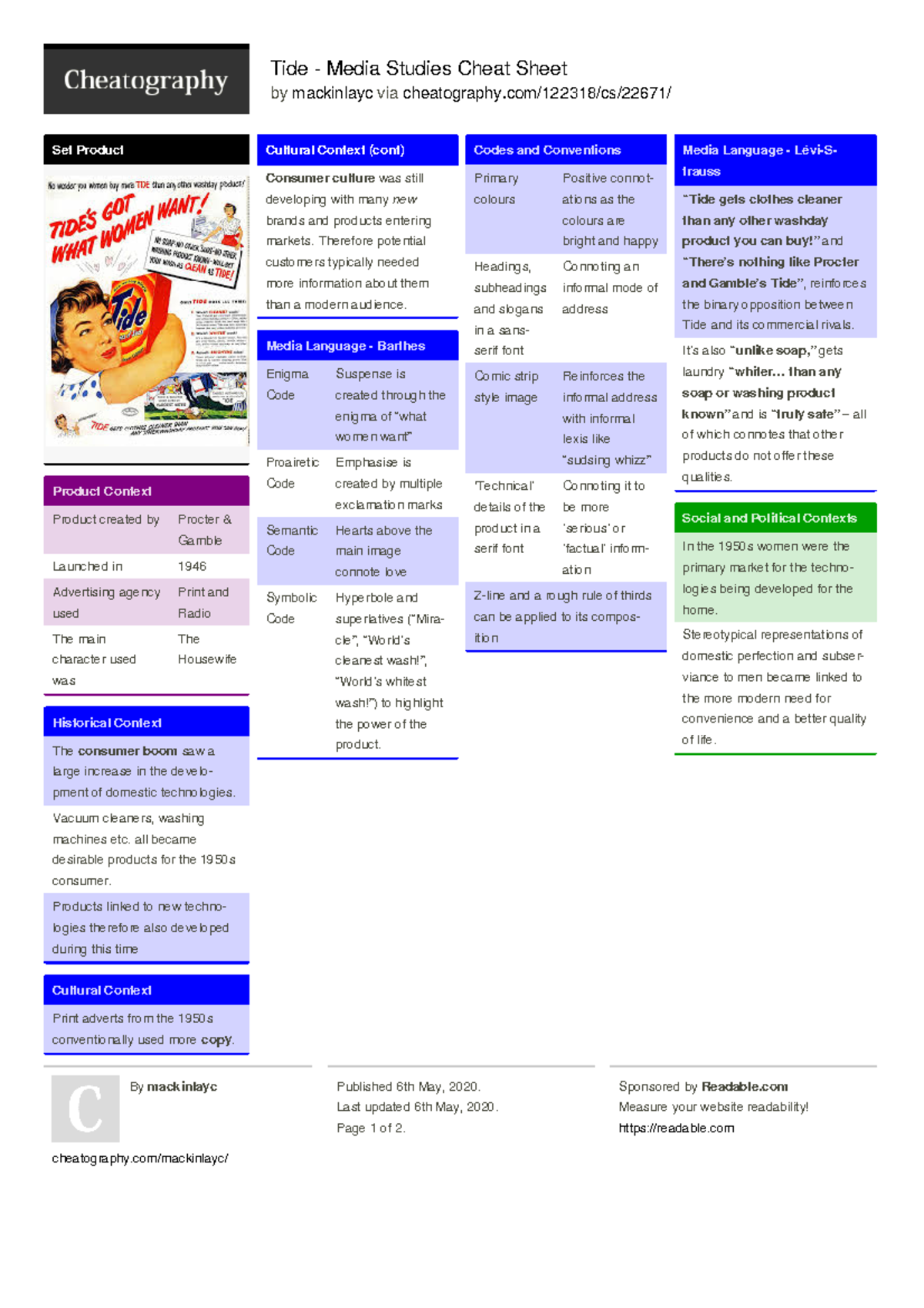 Media studies cheat sheet - Tide - Media Studies Cheat Sheet by ...