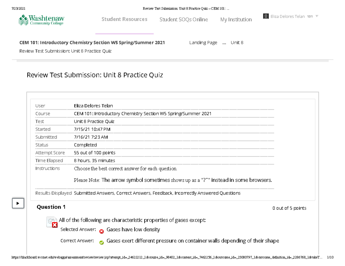 Unit 8 Practice Quiz – CEM 101 - Review Test Submission: Unit 8 ...