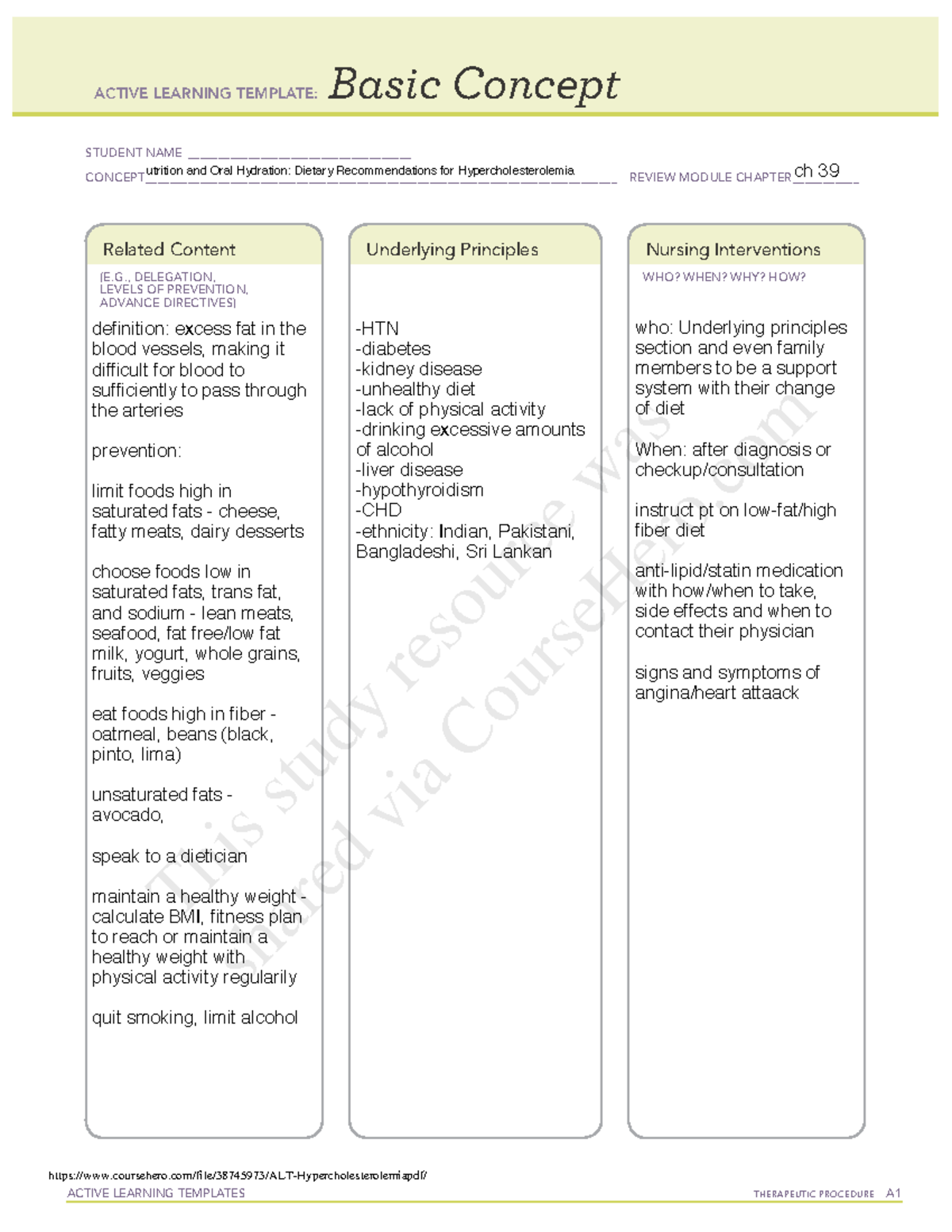 ALT Hypercholesterolemia ACTIVE LEARNING TEMPLATES THERAPEUTIC PROCEDURE A Basic Concept