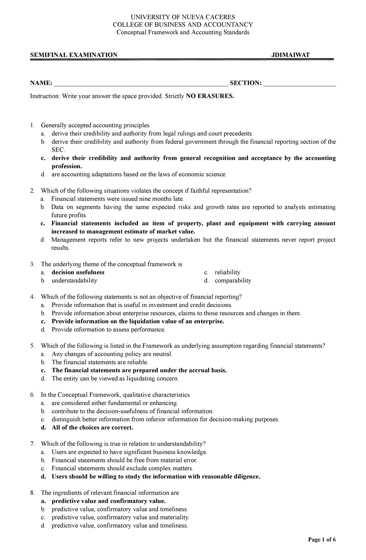 Semi Exam - Conceptual Framework and Accouting Standards - COLLEGE OF ...