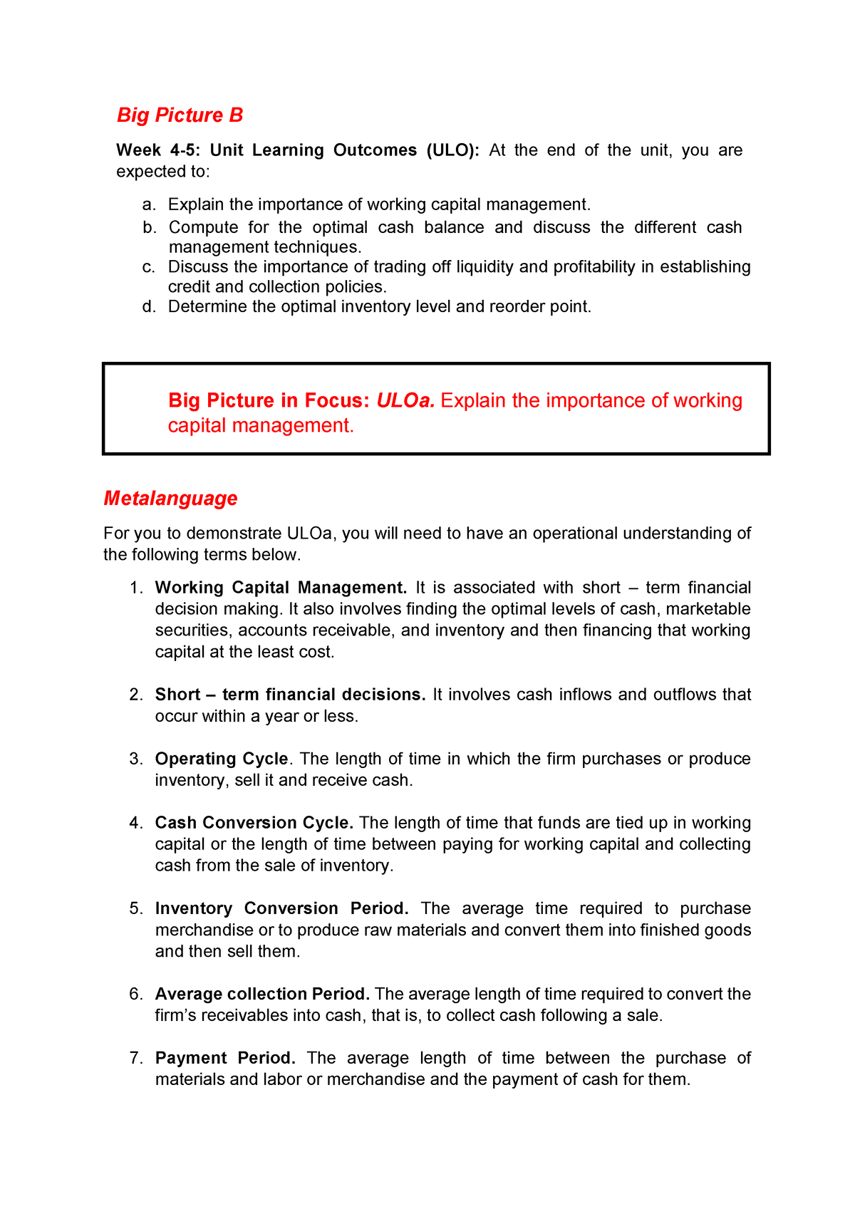 Week 4-5 ULOb Working Capital Management - Big Picture B Week 4-5: Unit ...